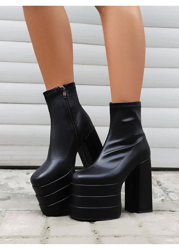 Women's Ultra-High Platform Ankle Boots – Square Toe Hollow-Out Chunky Heel Shoes