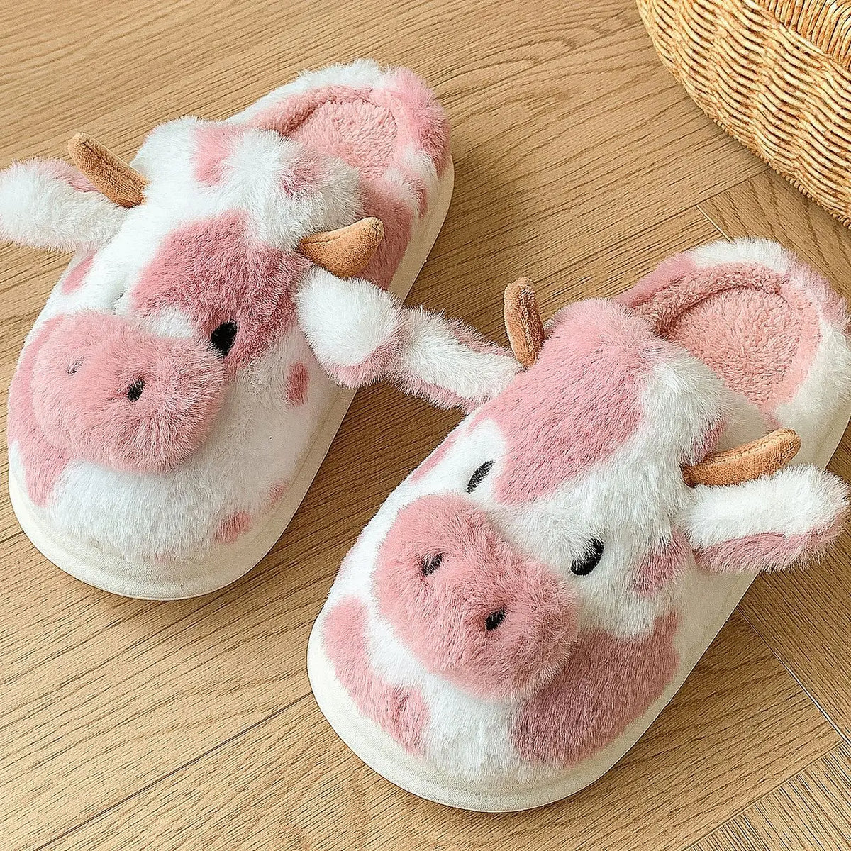 Women's Fluffy Cow Slippers – Cute Cartoon Plush Winter Platform House Shoes