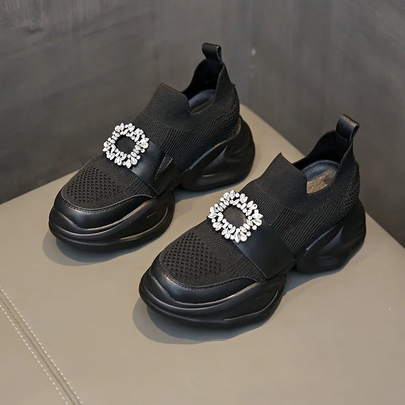 Women's Platform Rhinestone Sneakers – Spring Summer Fashion Slip-On Sports Casual Shoes, Breathable Mesh Walking Sneakers for Women