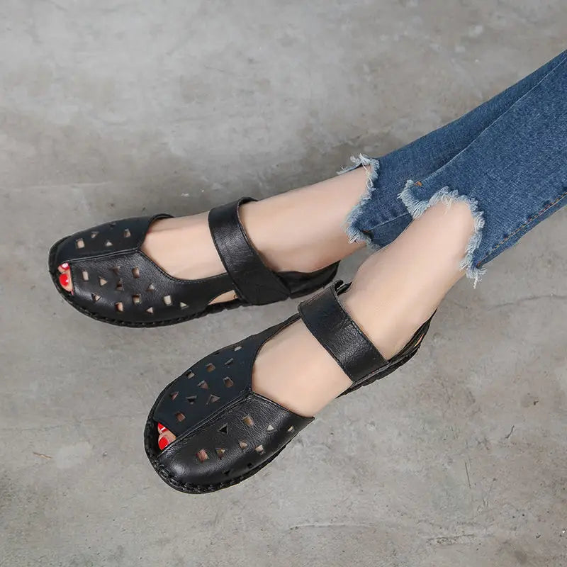 Women's Mary Jane Leather Shoes – Hollow-Out Closed-Toe Summer Sandals, Sizes 35–42