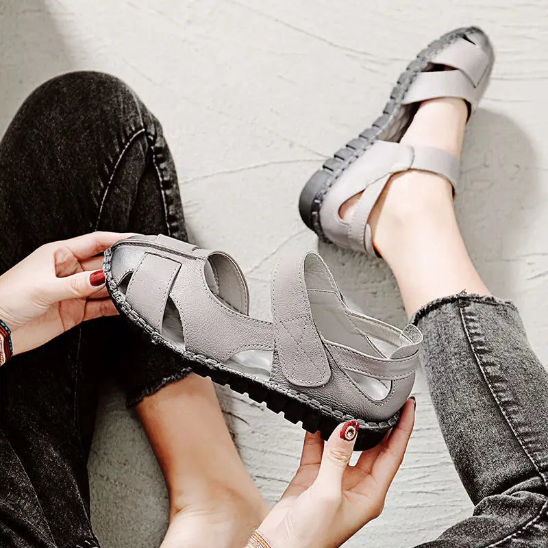 Women's Mary Jane Leather Shoes – Hollow-Out Closed-Toe Summer Sandals, Sizes 35–42