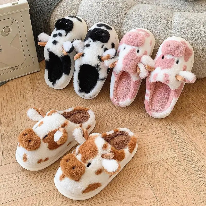 Women's Fluffy Cow Slippers – Cute Cartoon Plush Winter Platform House Shoes