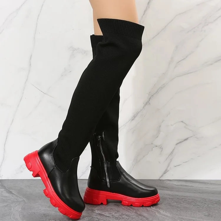 Women's Over-the-Knee Platform Boots – Stretch Sock Boots with Thick Heel