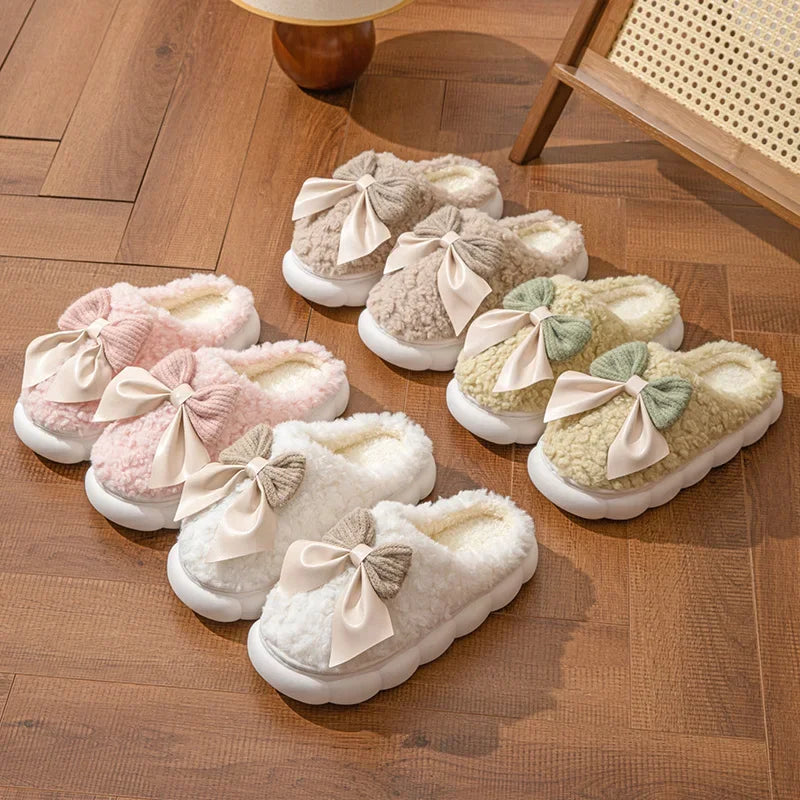 Women's Winter Fur Slippers – Cute Bow Plush Non-Slip House Shoes