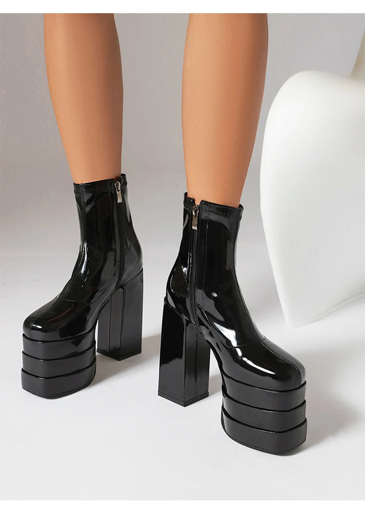 Women's Ultra-High Platform Ankle Boots – Square Toe Hollow-Out Chunky Heel Shoes